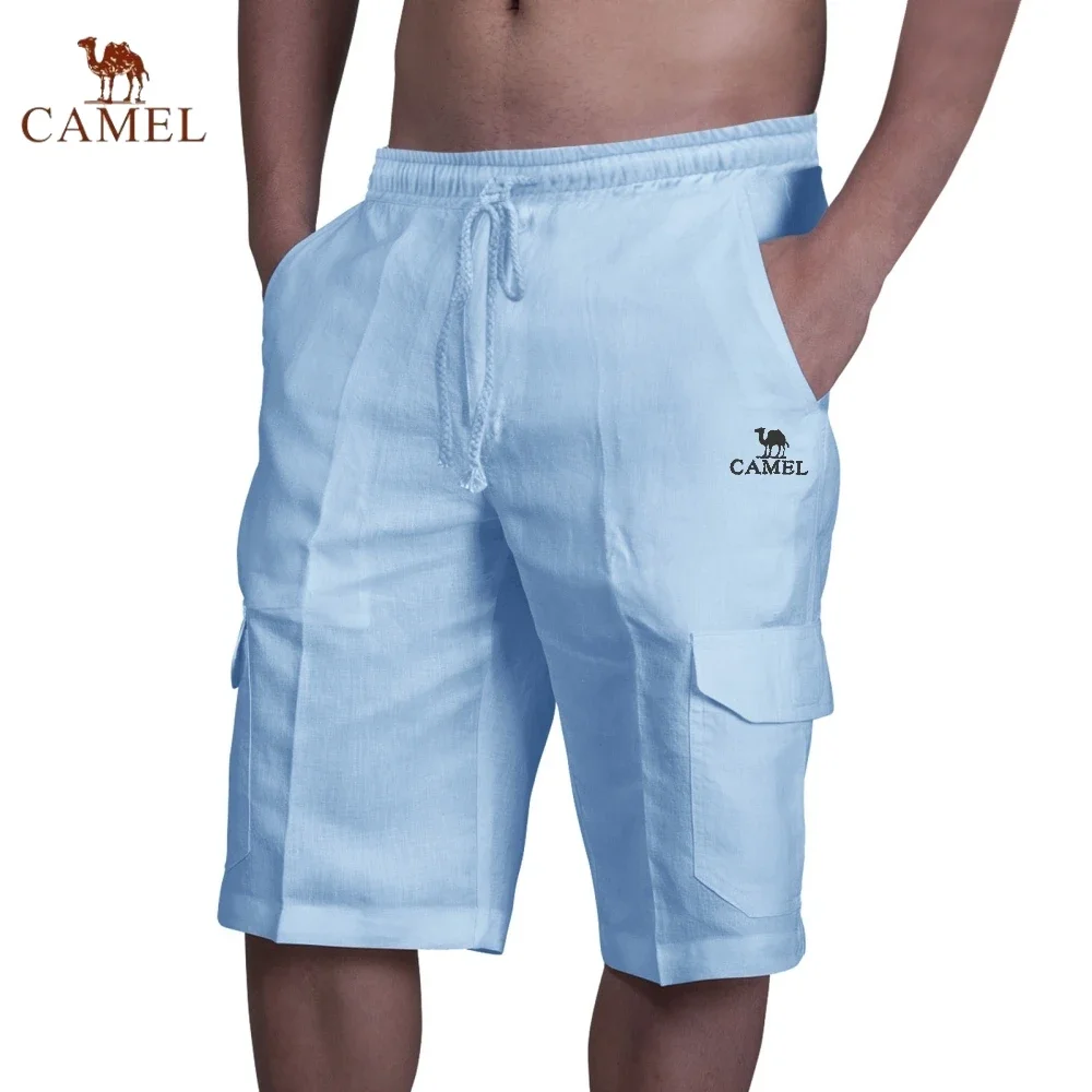 High End Embroidered CAMEL Pure Cotton Linen Shorts for Men\'s Summer Fashion, Casual, Comfortable and Breathable Beach Swimwear