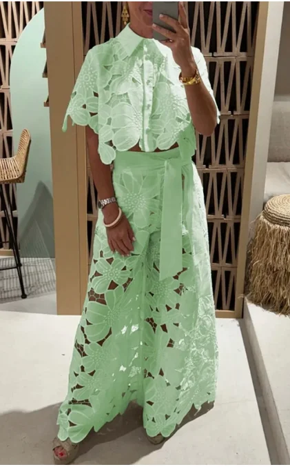 Women Lace Outfit Embroidery Retro Hollow Temperament Suit 2025 Elegant Button Short Sleeved Blouse Tops&Tie-up Pants Set 2Pcs