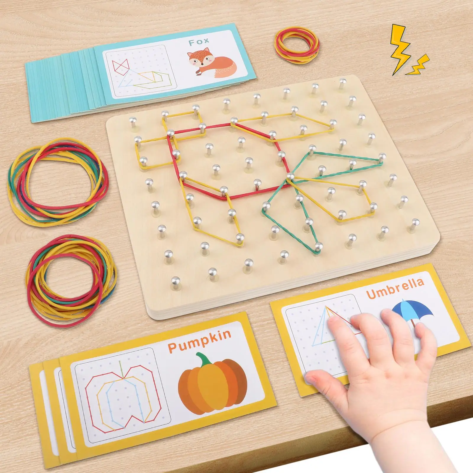 Wooden Geoboard Graphical Educational Toys and 50 Rubber Bands for Children