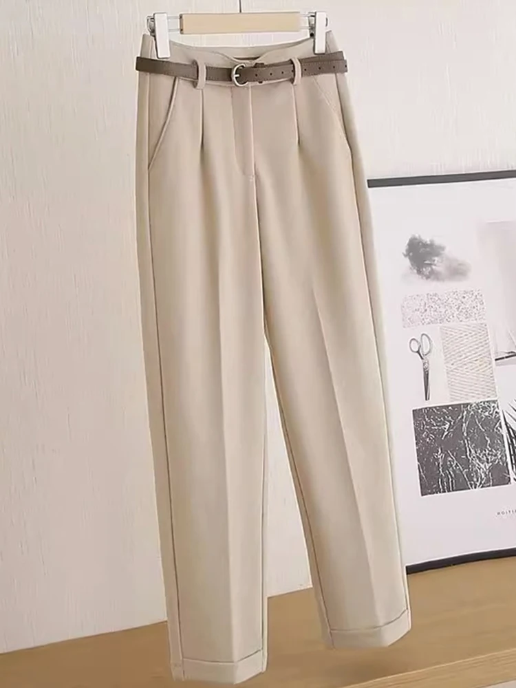 Faionable ارتفاع الخصر بنطال ذو قصة أرجل واسعة الخريف بناطيل كاجوال Ele ed أنبوب تسع نقاط السراويل تخفيف Sle l الخصر #4