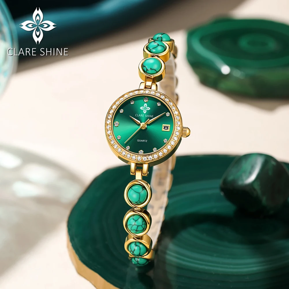 CLARE SHINE Woman Watch Auto Date Waterproof Diamond Dial Luxury Elegant Ladies Quartz Wristwatches Necklace Gift Box Set 7708
