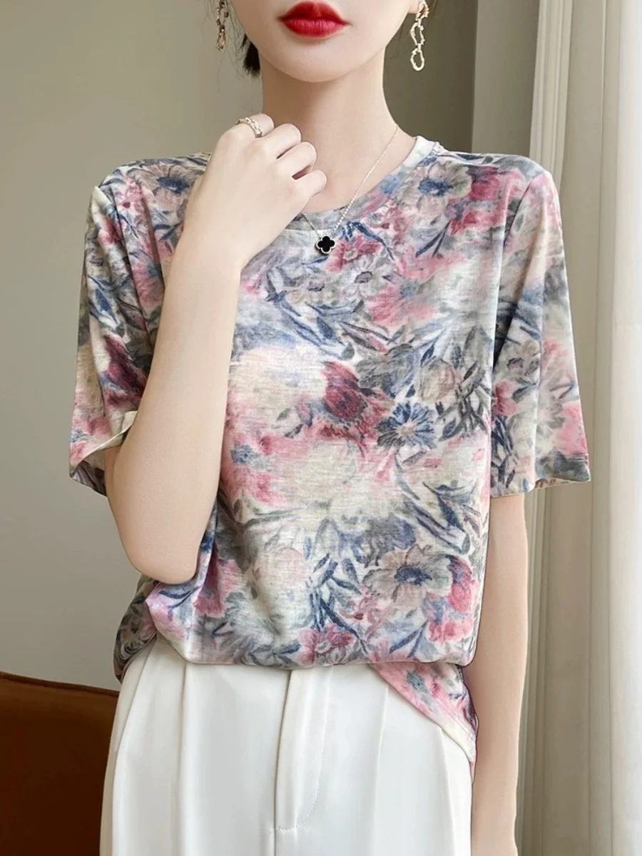 صيف جديد Faion طباعة جولة Ne ort Sve المرأة ليوسيل الحرير محبوك irt تصميم فريد من نوعه الإحساس أناقة