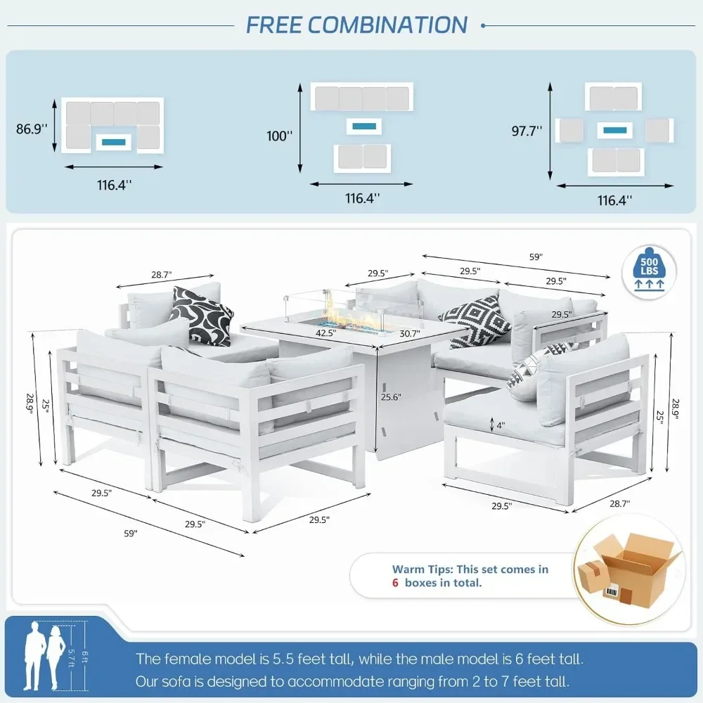 7 Pcs Aluminum Patio Furniture with Fire Pit Table Outdoor Conversation Set 43" Propane & Natural Gas Convertable Fire Pit Table