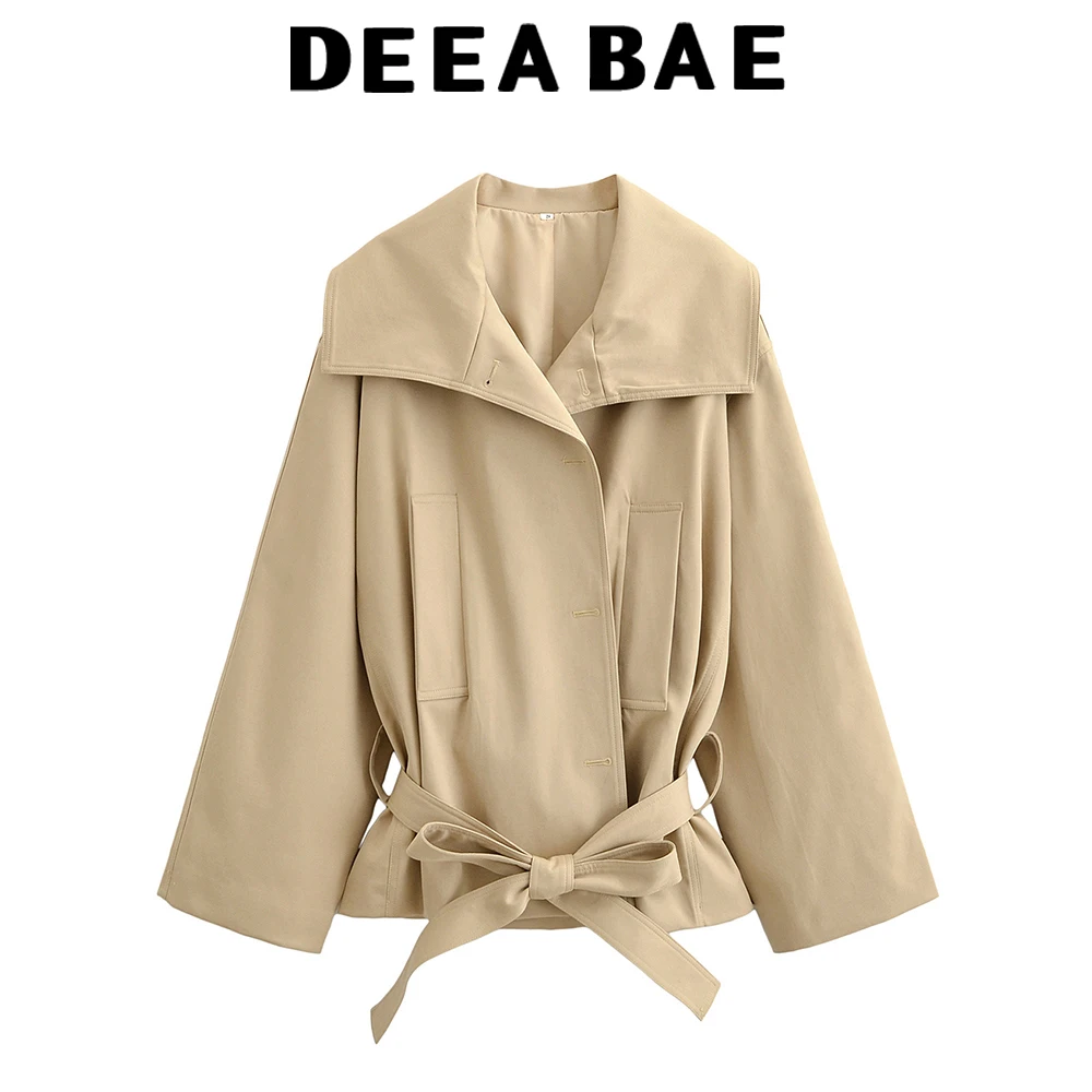 

DEEABAE 2025 autumn new high-end Korean style short standing collar with waist belt standing lapel long sleeved trench coat