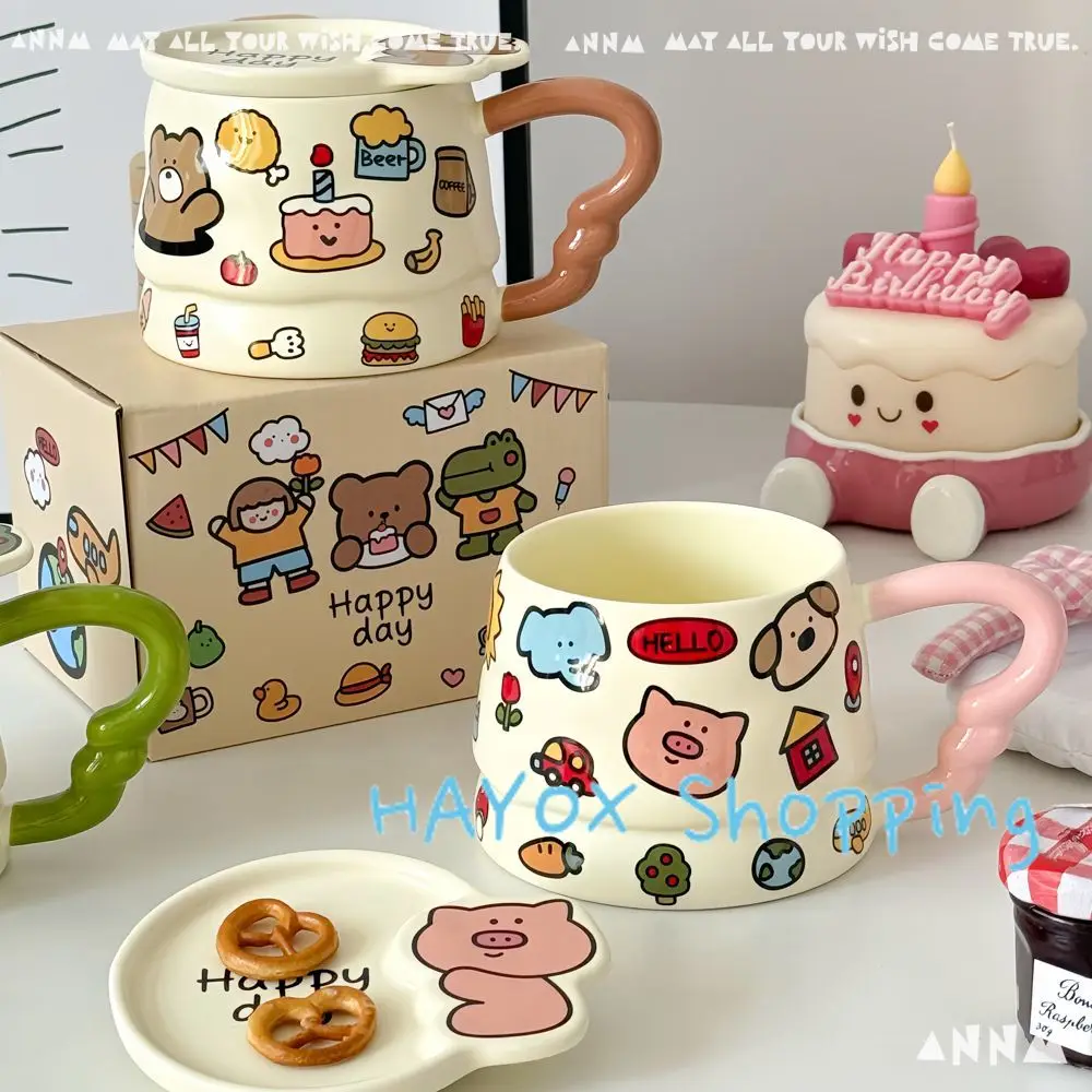 

Cartoon Pig Elephant Dog Pattern Water Cup with Lid Ceramic Mug， Household Breakfast Afternoon Tea Coffee Mugs Gift Drinkware