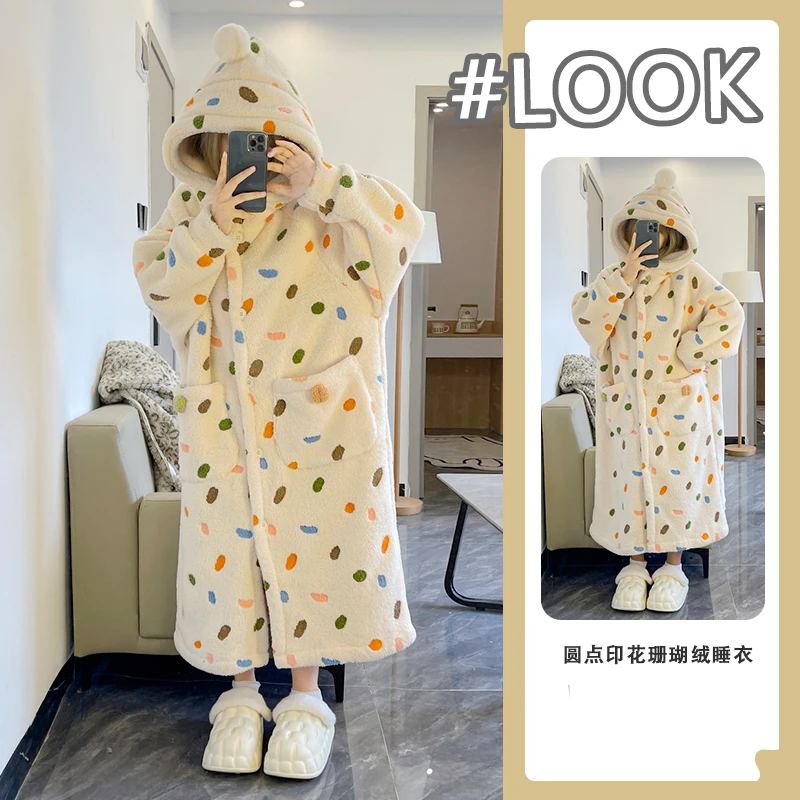 Sweet Cute Colorful Dots Hooded Long Night Gown Robe Coral Velvet Pajamas Women Winter Thickened Plush Bathrobe Kawaii Sleepwear