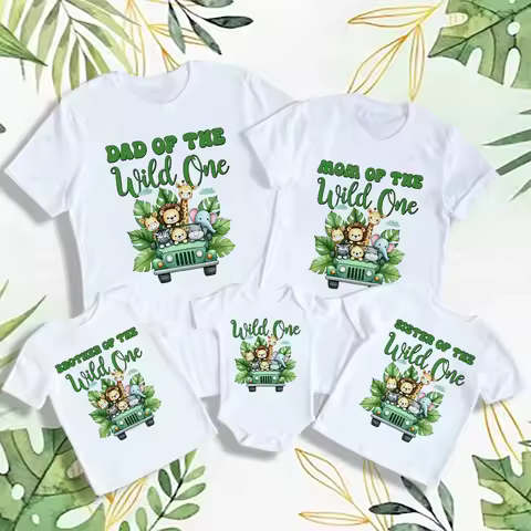 Safari Jungle Wild Animals Printed Family Matching Shirts Wild One Baby Birthday Romper Mom Dad Brother Sister Wild T-shirt Tee