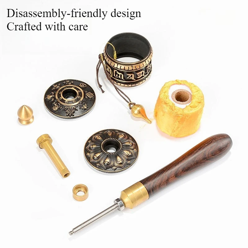 Tibetan Style Copper Good Luck Hand-cranked Rotating Golden Wheel Six-Character Mantra Temple Worship Meditation Household Zen