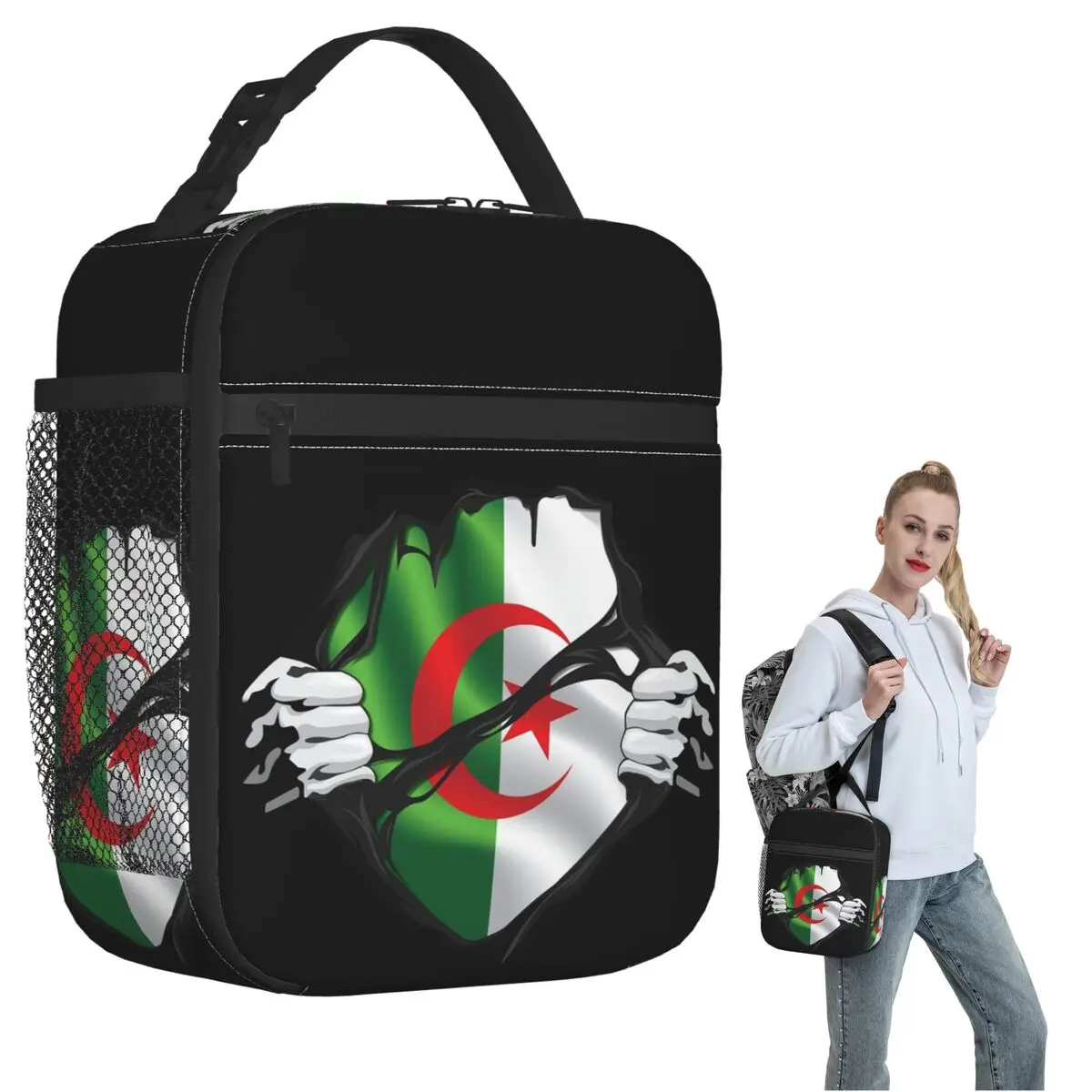 Algerian Pure Blood Flag Black Insulated Lunch Bag for Women Children Portable Food Boxes Thermal Lunch Box Tote