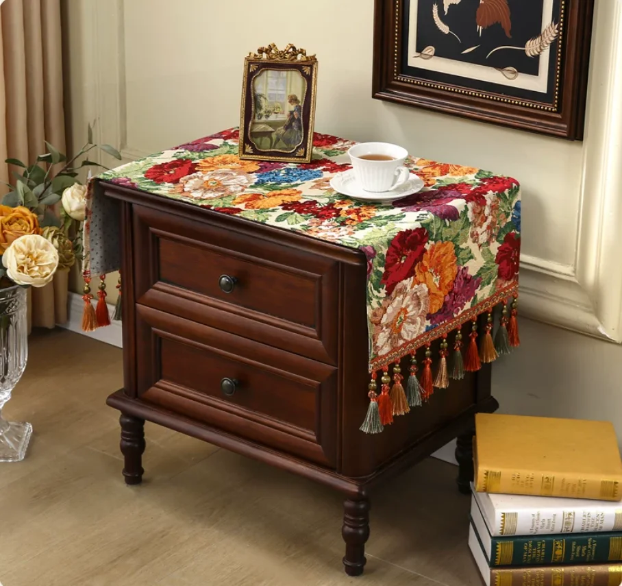 Vintage European Floral Jacquard Nightstand Cover With Colorful Tassel Luxury Dustproof Table Runner Retro Decorative Table Cove