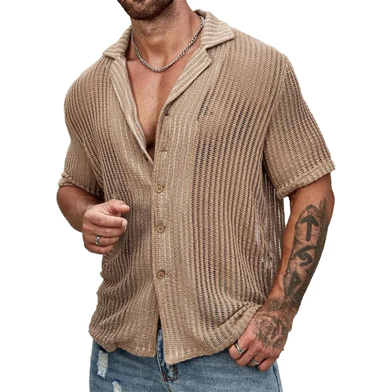 Sexy Hollow Out Breathable Knitted Shirt Men Summer Beach See Through Casual Shirts Mens Short Sleeve Button Solid Color Shirts