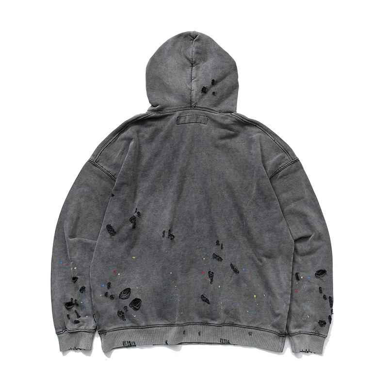 Vintage Series NBHD High Quality Heavy Fabric Washed Men Hoodie Hole Splash-ink Distressed Fashion Pullover Winter Streetwear