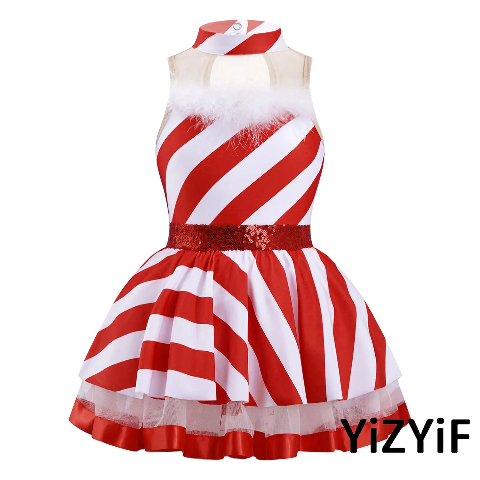 

Kids Girls Christmas Mrs Santa Elf Costume Candy Cane Mesh Patchwork Striped Tutu Leotard Dress Princess Ballet Dance Outfits