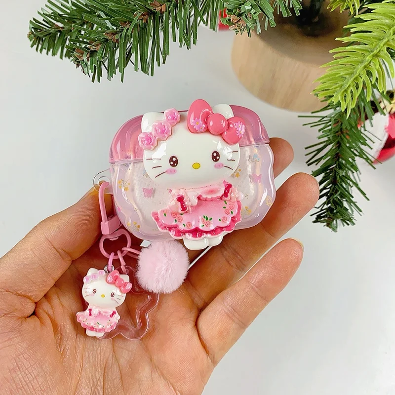 Cute Three-dimensional Pink Flower Skirt Hello Kitty Earphone Case for Apple AirPods 1 2 3 4 Pro3 Pro2 with Pendant Shockproof