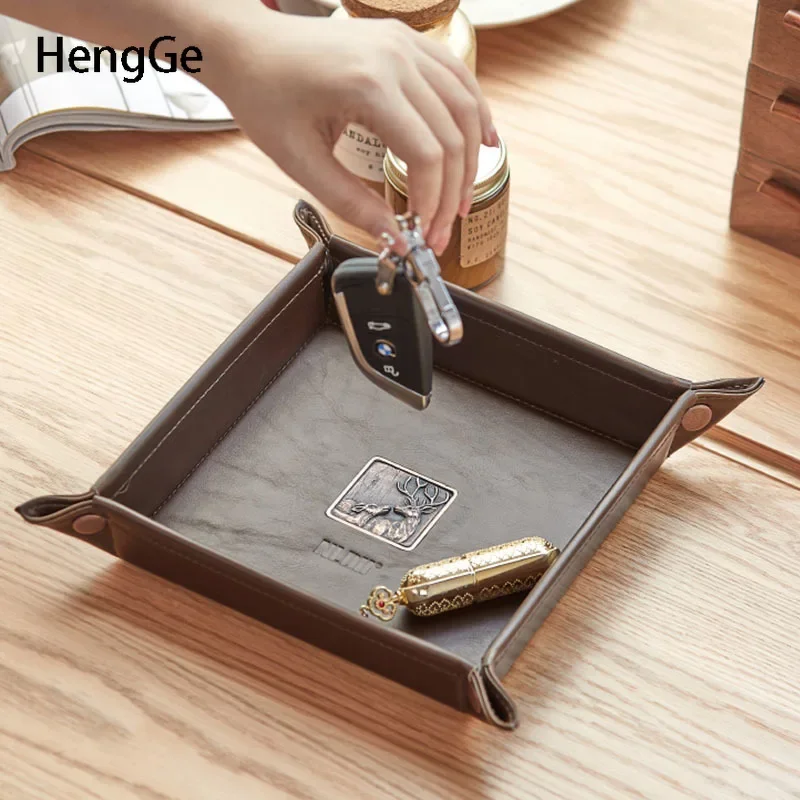 Retro Leather Tray Creativity Deer Embossed Water Proof Trays Decorative Living Room Bedroom Sundries Storage Box Ornaments