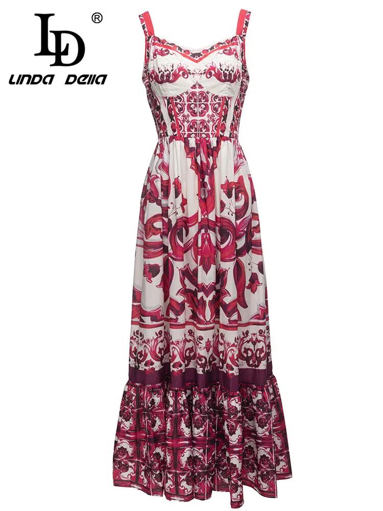 

LD LINDA DELLA Summer Fashion Runway Party Dress Women's Bohemia Rose Red Print Sleeveless Splice Long Dress