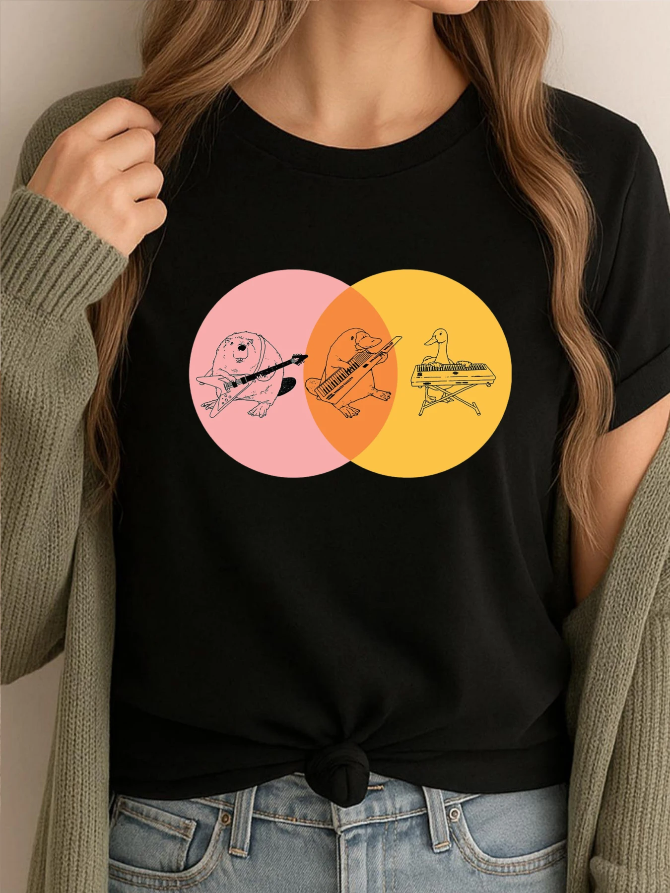 Keytar Platypus Venn Diagram Purple Orange Yellow Black Shirt Graphic Tees Shirts Mens Simple Trendy Printed Clothes