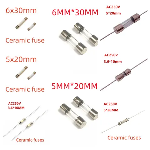 빠른 블로우 유리관 퓨즈 3.6x10mm 5x20mm 6x30mm 250V 3.15A 4A 5A 6A 10A 12A15A 20A 25A 30A 축 리드 세라믹 퓨즈, 10 개/묶음