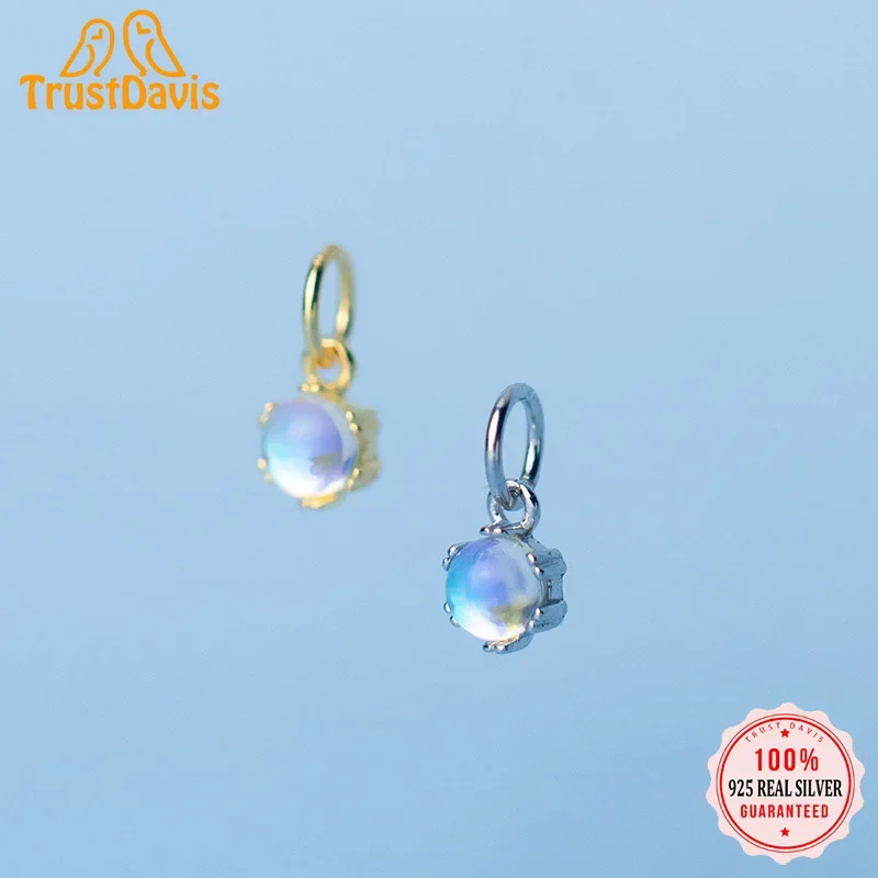 TrustDavis Real 925 Sterling Silver Fashion Round Moonstone Charm Pendant Handmade DIY Accessories Fine Jewelry Wholesale HY316