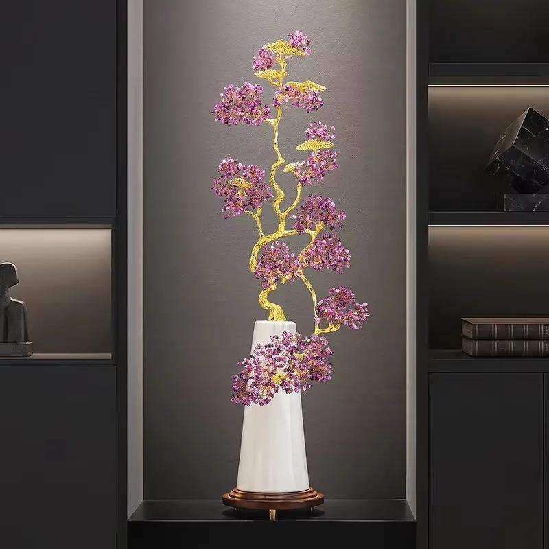 Chinese Tall Vase Decor Ornament Twisted Golden Branch Purple Floral Accent Entryway Floor Display Craft Slender Cone Vase Body