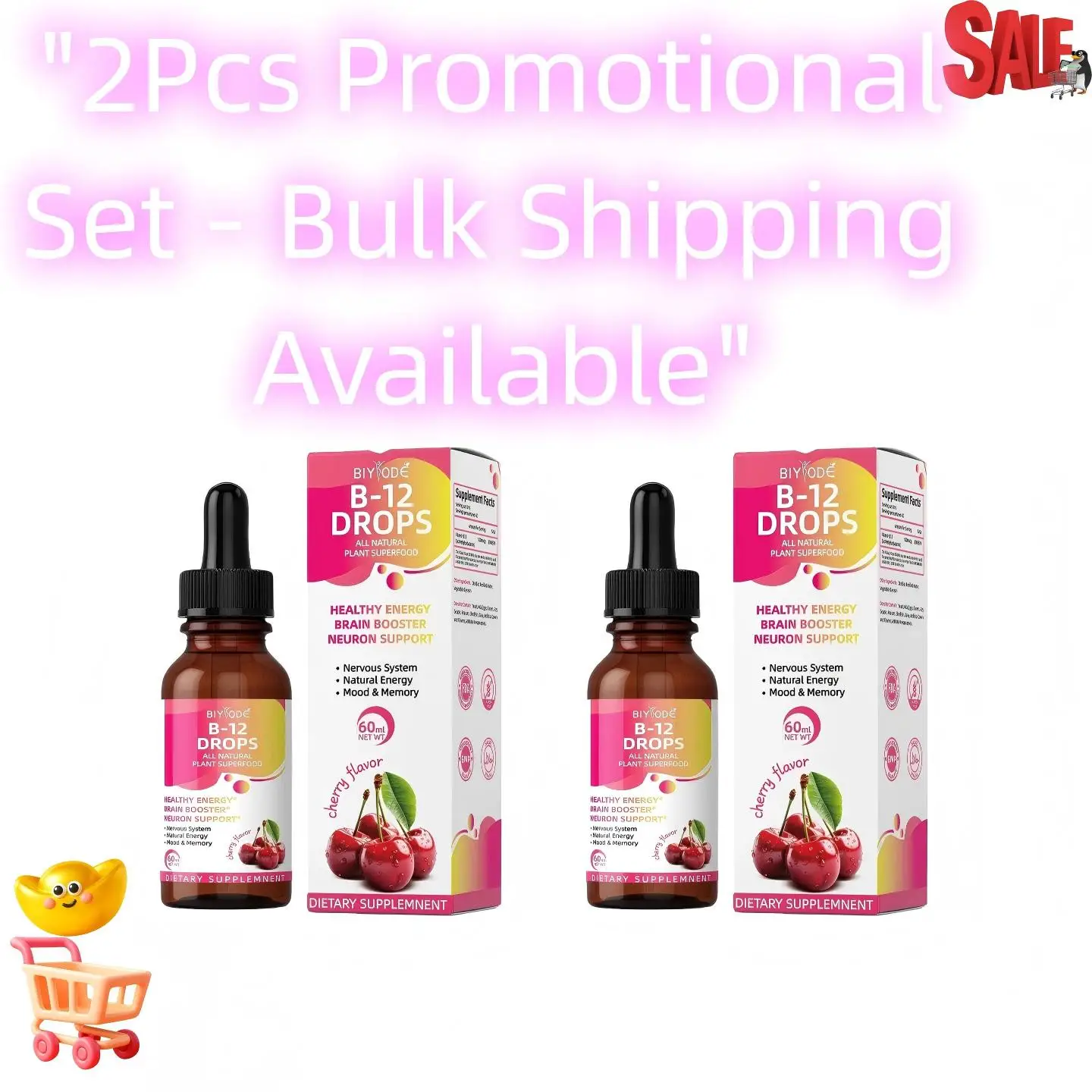 

BIYBODE Витамин B12 Drops, 2 упаковки, 30 мл в бутылке, для поддержки энергетической и нервной системы, веганская добавка для взрослых