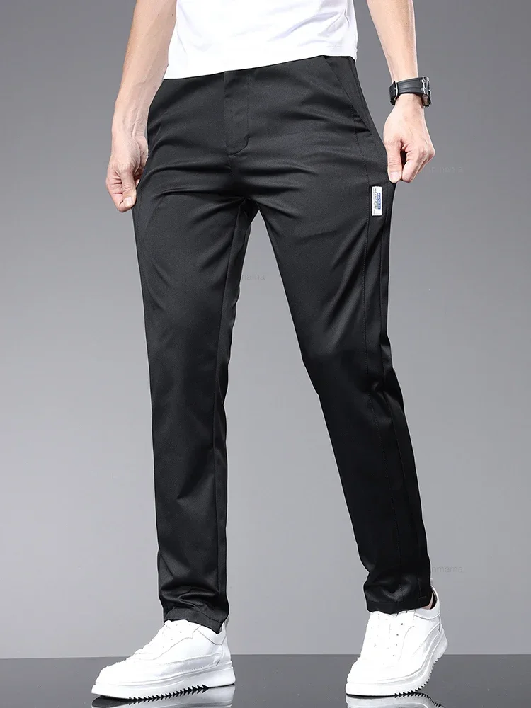 2024 Summer Ultra-thin Fashionable Casual Pants for Men Soft Elastic Slim Straight Solid Color Trousers for Men Black Beige Grey