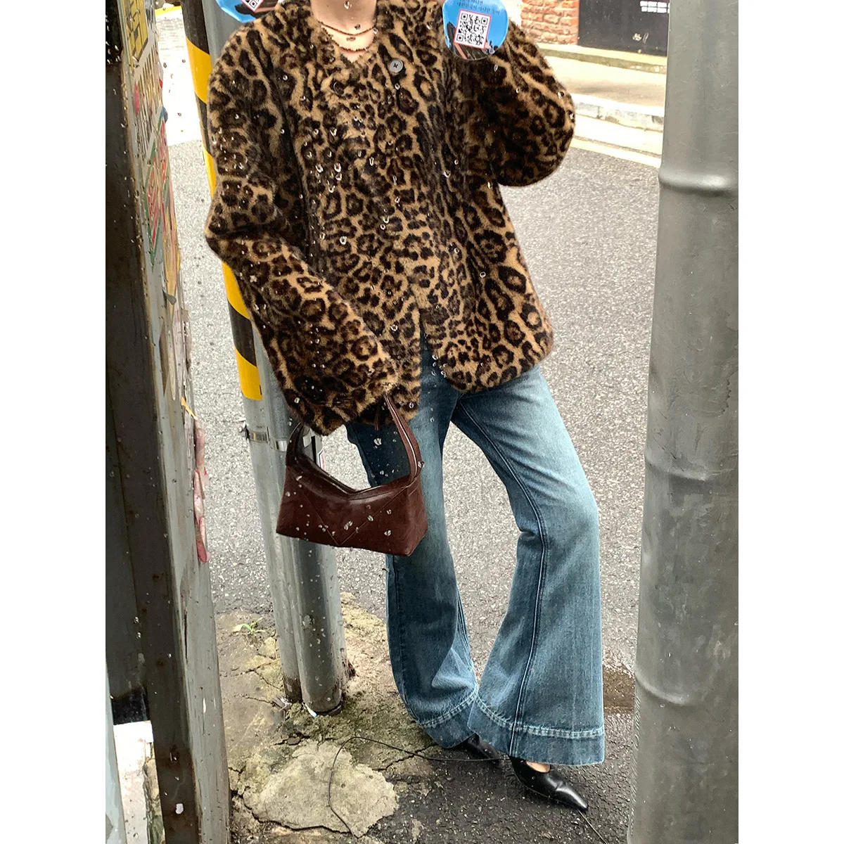 2024  plush leopard print environmentally friendly fur warm round neck winter coat women's fur one-piece coat