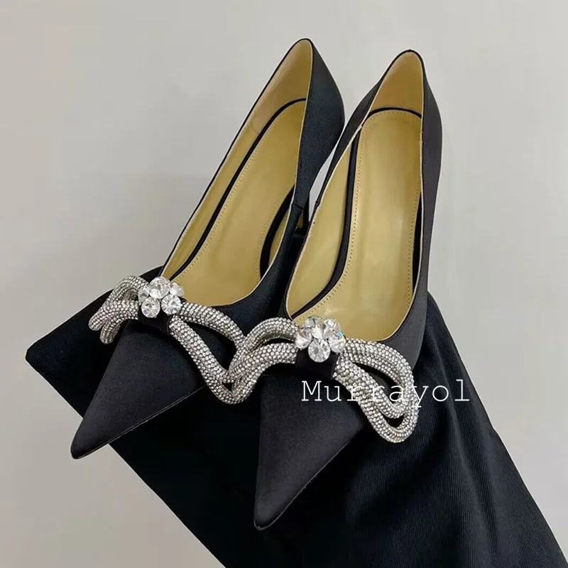 Zapatos individuales con decoración de diamantes de imitación en forma de corazón, Sandalias de tacón alto fino de satén con punta estrecha para mujer, zapatos de vestir de verano, zapatos de boda