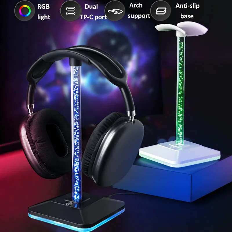 Curved RGB Headphone Stand Holder Universal Pick-up Light Gaming Headset Hanger Stable with 2 TP-c Port for PC Gamer Accessories