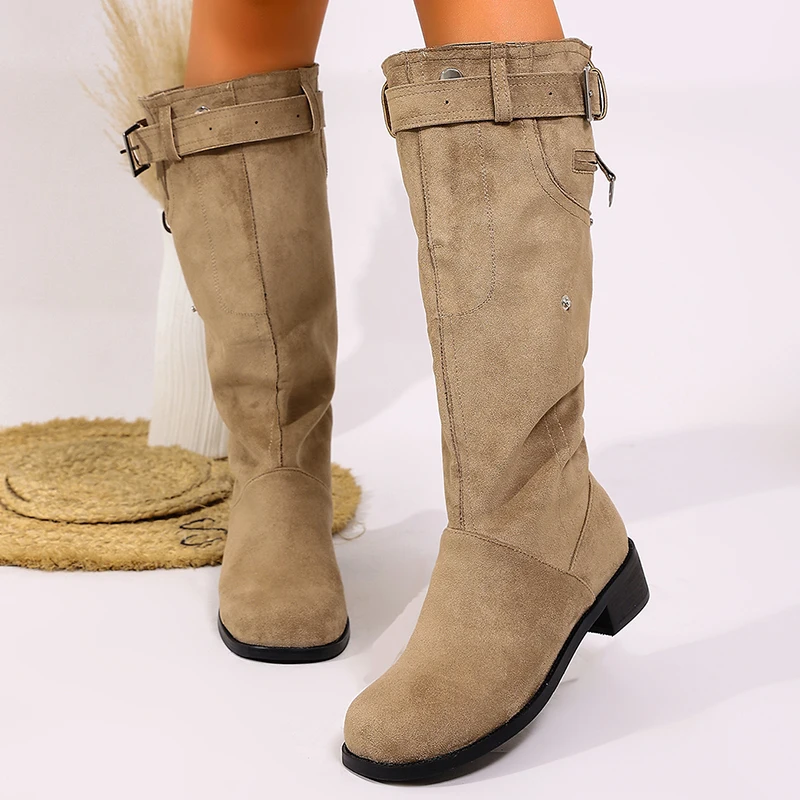 khaki-faux-suede-knee-high-boots-women-2026-autumn-buckle-strap-block-heel-long-boots-woman-plus-size-42-round-toe-riding-botas