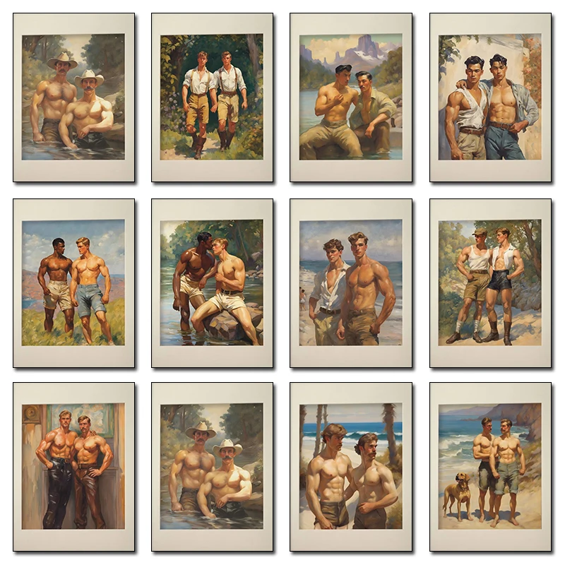 Vintage Muscular Man Gay Male Body Kiss Forest Walk Poster Print Wall Art Pictures Canvas Painting Room Bedroom Home Decor Gift