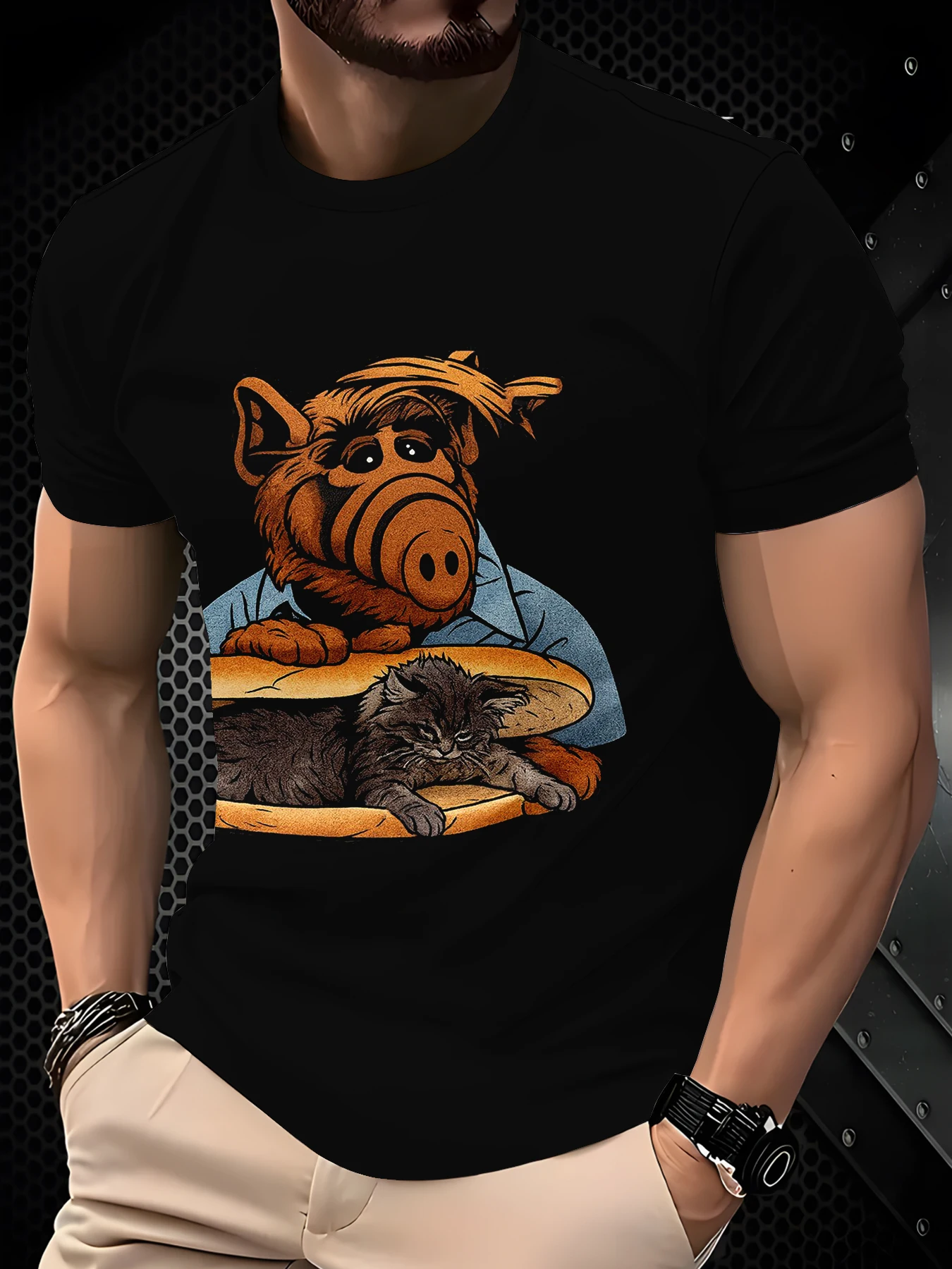 Men Crew Neck Short Sleeve T-Shirt, Cartoon Creature And Cat In Bread Graphic Print