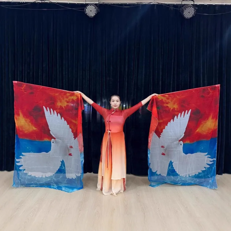 1Pair Pigeons Praise Flag with Scalable Pole Rectangle Worship Angel Wing Church Dance Banner Color Chiffon Guard Flag Print