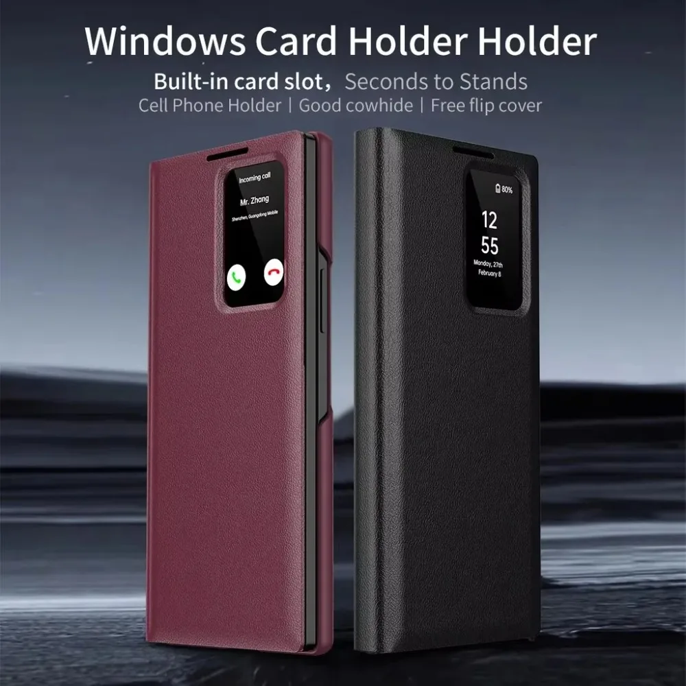 

Minimalist Leather Wallet card Holder case for Samsung Galaxy S25 S24 S23 S22 Ultra Plus Flip Smart Display Clear window Cover