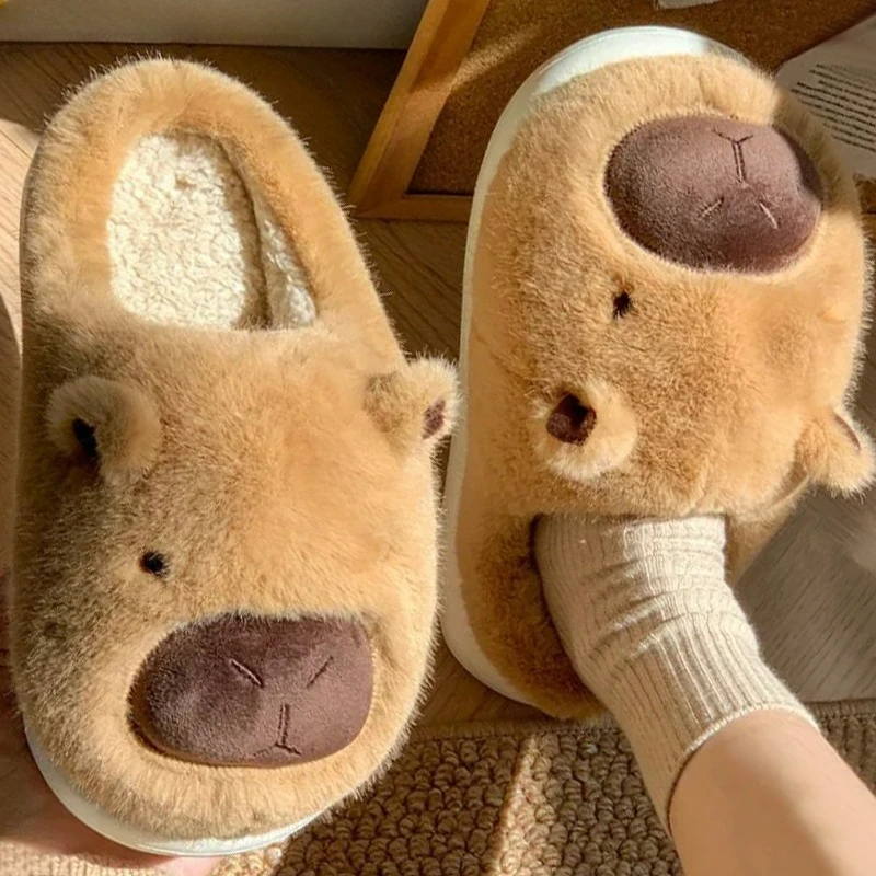 

Cute Capybara Cotton Slippers Winter Thick Sole Couple House Shoes Plush Slippers Non Slip Flat Shoes with Memory Foam Comfort