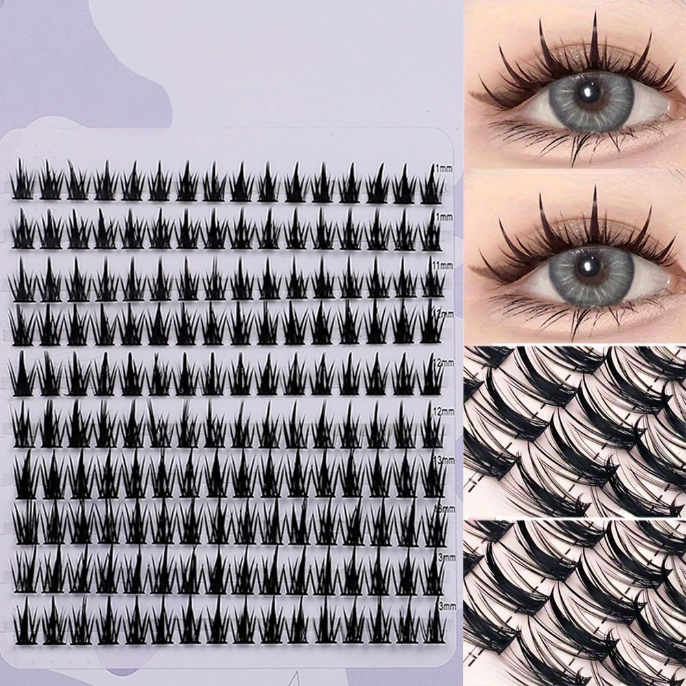 160 Pcs Wheat-Ear Shape Fake Eyelashes Fine Stem, DIY Eyelash Extension, Thick Segmented Clusters, Comic Eyelashes