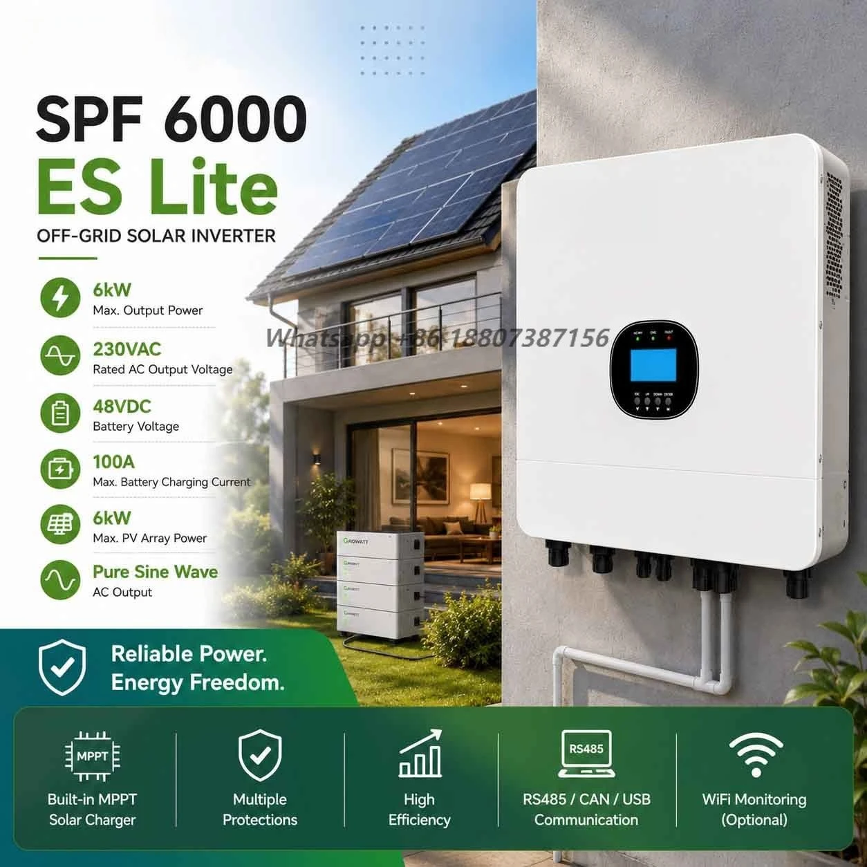 In Stock  SPF 6000 ES Lite 6kW Off-Grid Solar Inverter 48V 100A Charger Pure Sine Wave for Home Solar System
