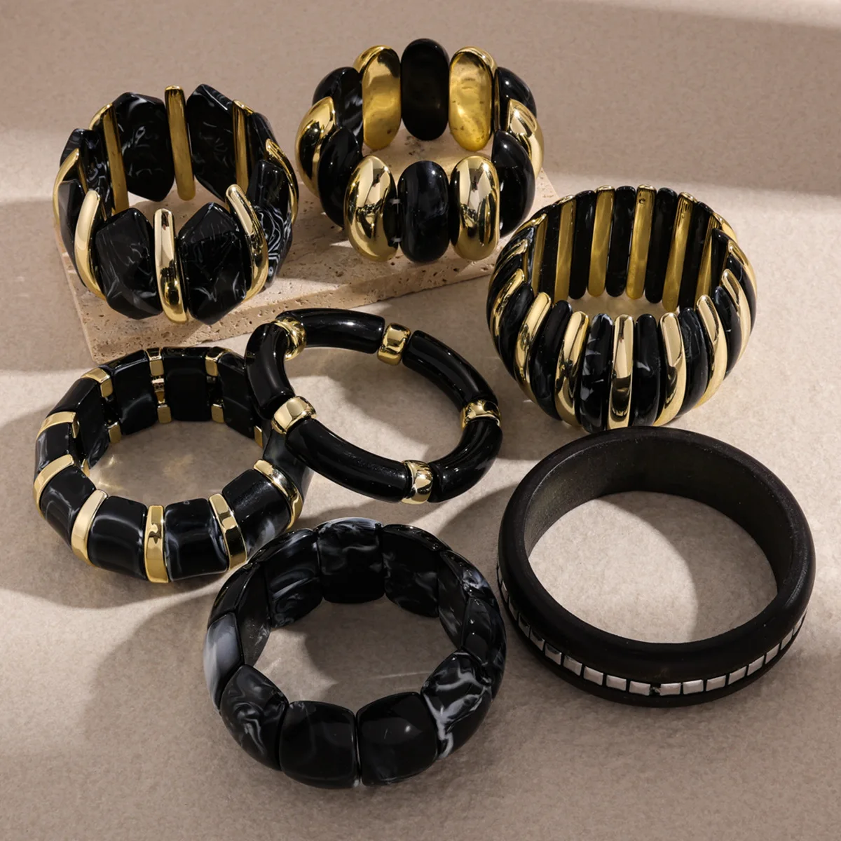 Black Acrylic Resin Smudging Bangle for Women Men Geometric Bamboo Pipe Elastic Bracelets Bangles Vintage Party Hand Jewelry F
