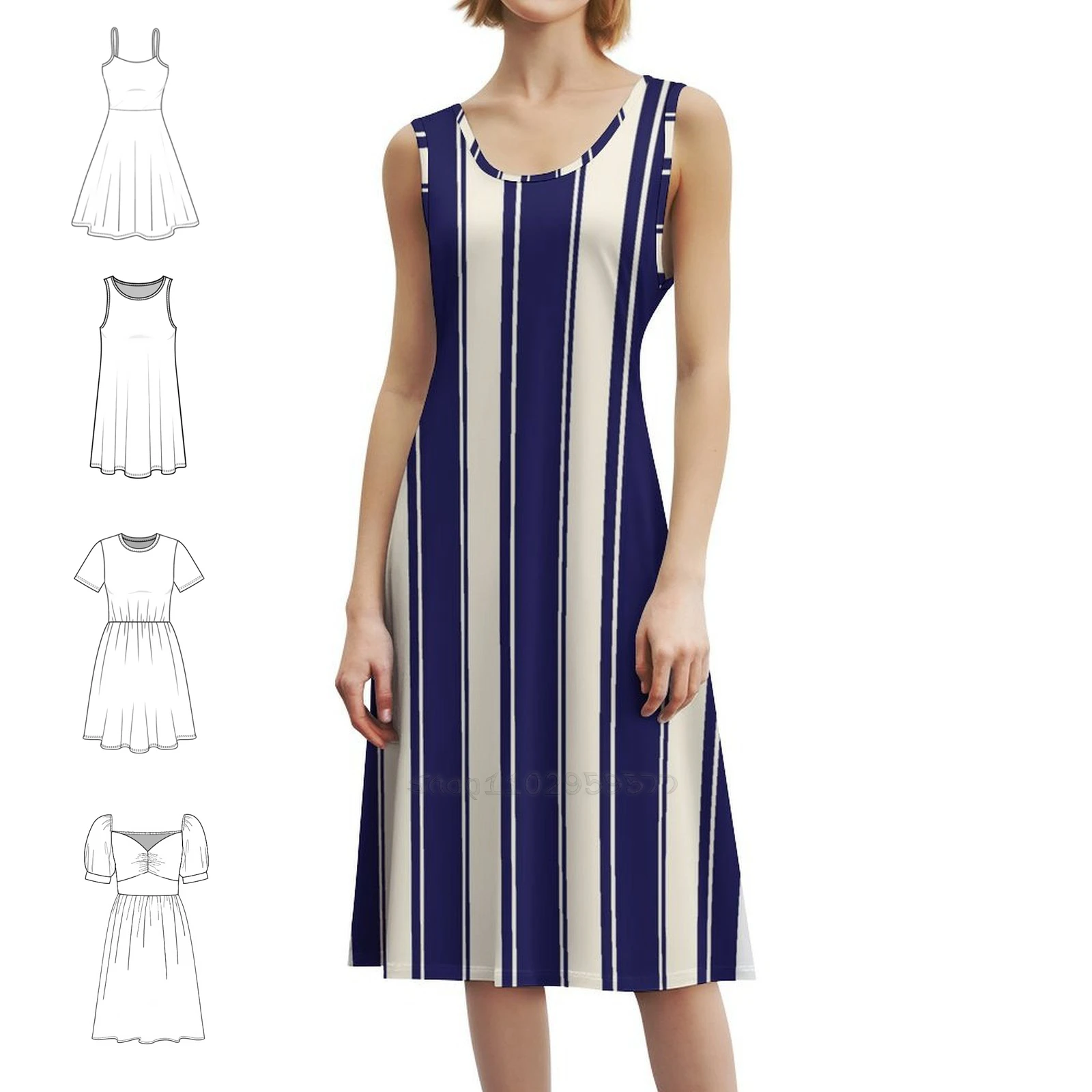 Cream And Navy Blue Stripes Women's Hip Hop Streetwear Dress Graphic Print Party Club Wear Stripes Vertical Cream Navy Blue