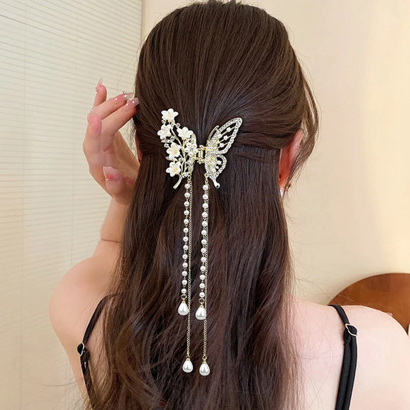 Butterfly Tassel Pearl Hair Claw Red Flower Festival Hairpin For Girls Ponytail Hair Clips Crab Women Fashion Accessories Gifts