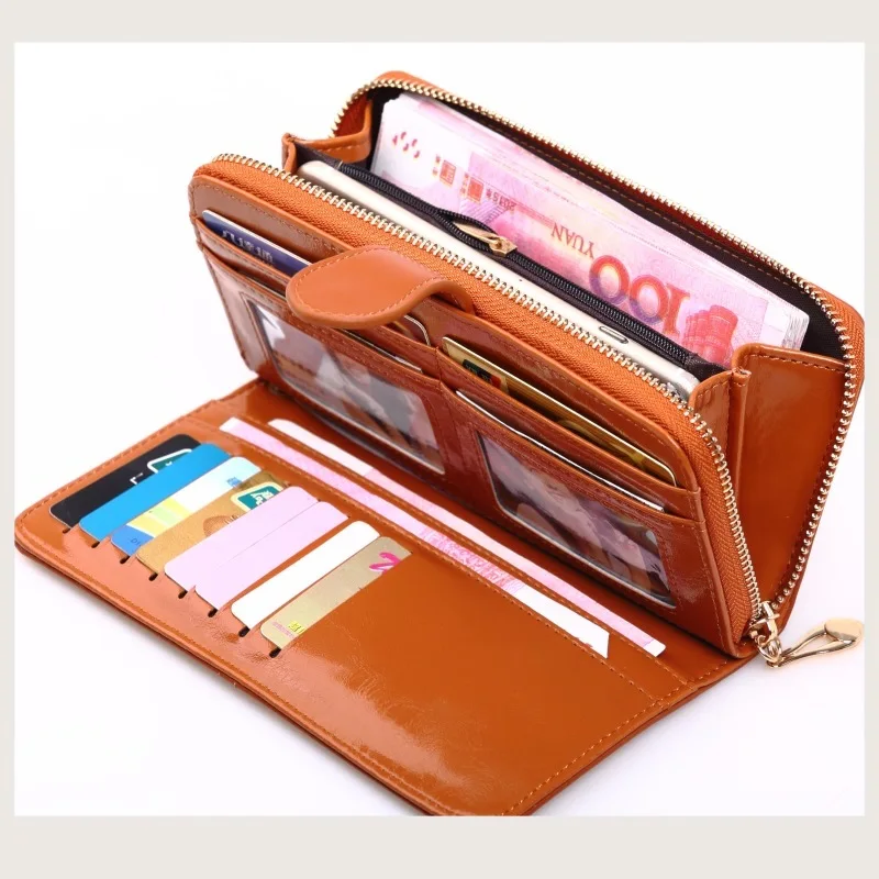 New Women Long Oil Leather Trifold Wallet Large Capacity Zipper Phone Clutch Purse Fashion Handheld Card Holder Organizer Bag