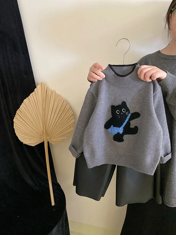 

Girls' Cute Cartoon Cat Knit Sweater Autumn Winter New Fleece Warm Leather Pants Fashion Set