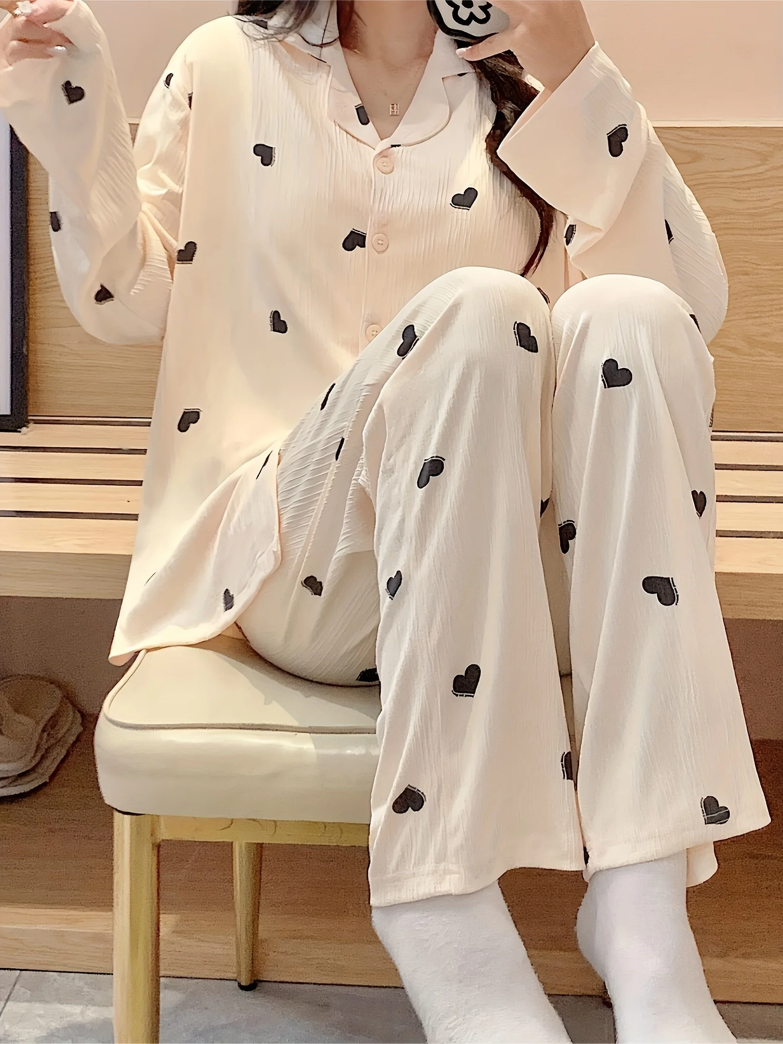 

Женский пижамный комплект в горошек — повседневная трикотажная одежда из полиэстера с воротником и длинными рукавами, удобная домашняя одежда из двух предметов