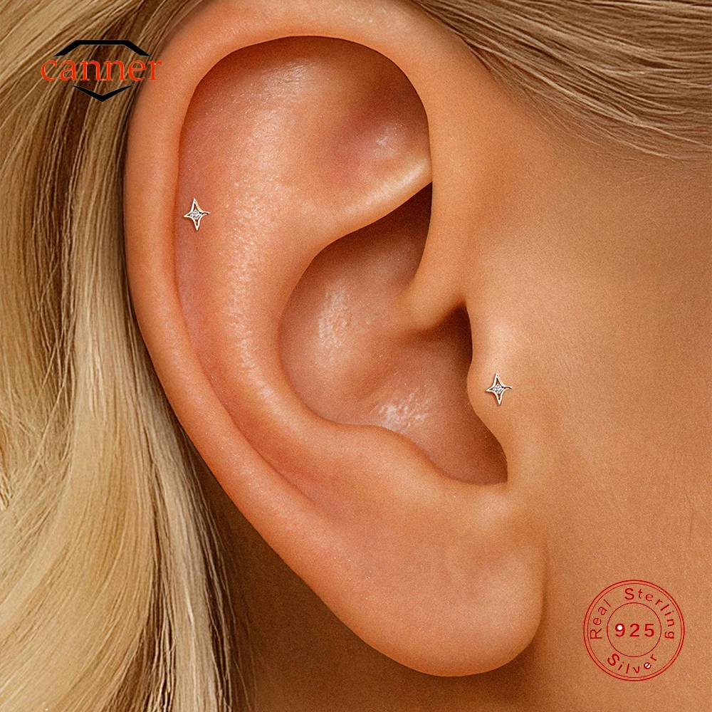 CANNER 1PC 925 Sterling Silver Four Pointed Zircon Flat Head Puncture Ear Bone Nail For Women Ins Minimalism Earring aros mujer