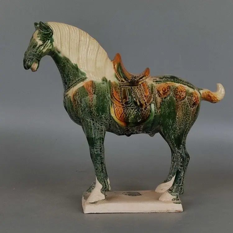 Tang Sancai Green Glaze War Horse Pottery Statue Chinese Antique Tri-Color Ceramic Collectible Decor