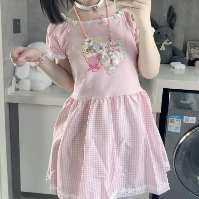 

Pink Sweet Lolita Style Lolita Style Dress Women Cute Ice Cream Embroidery Kawaii Party Mini Dress Korean Fashion Princess Dress