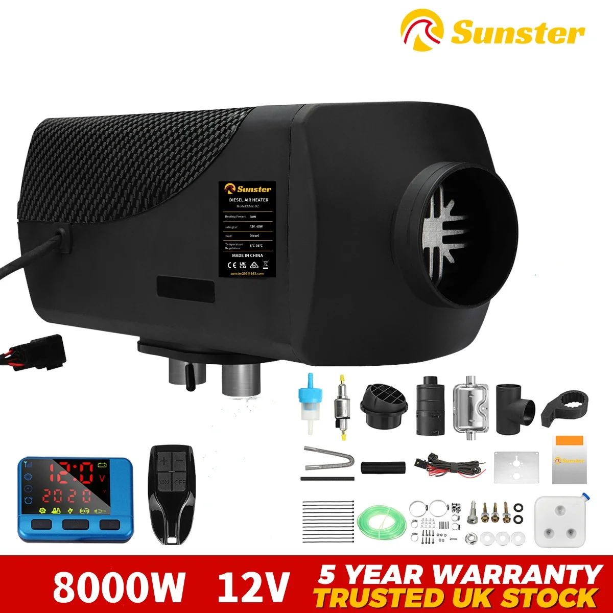 Sunster 8KW 12V Heater For Car Diesel Air Heater With Silencers LCD Switch For Car Trailer Truck Diesel Parking Heater