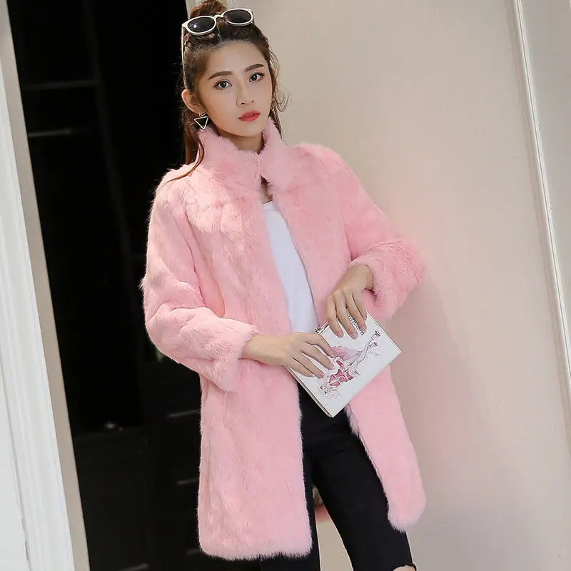 Abrigo de piel auténtica para mujer, Chaqueta larga de piel de conejo natural, abrigo cálido de calidad, 100%