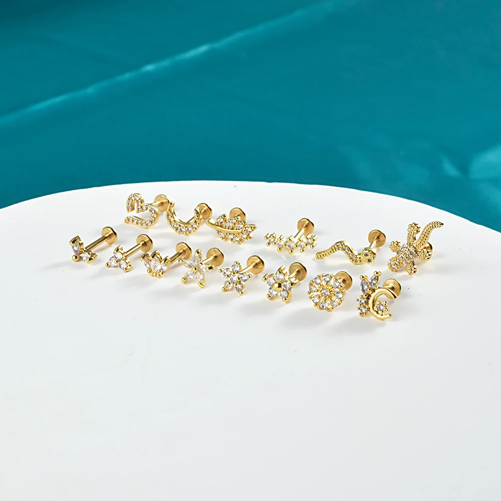 1pc 316L Surgical Steel Gold Plated CZ Ear Stud Ear Tragus Cartilage Helix Conch Lobe Piercing Labret Lip Ring Piercing Jewelry