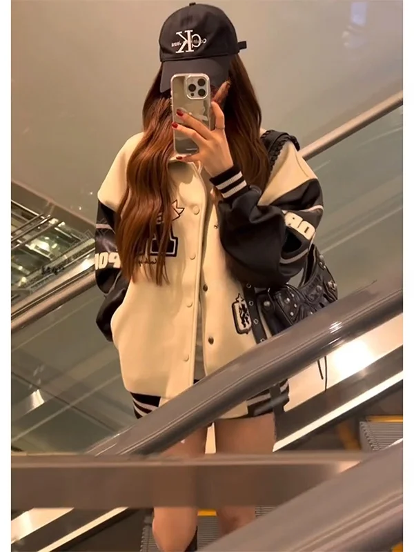 Retro American Heavy Embroidery Letter Baseball Jacket Women's Autumn Winter Loose Versatile Flight Jacket Ins Style Long Sle...